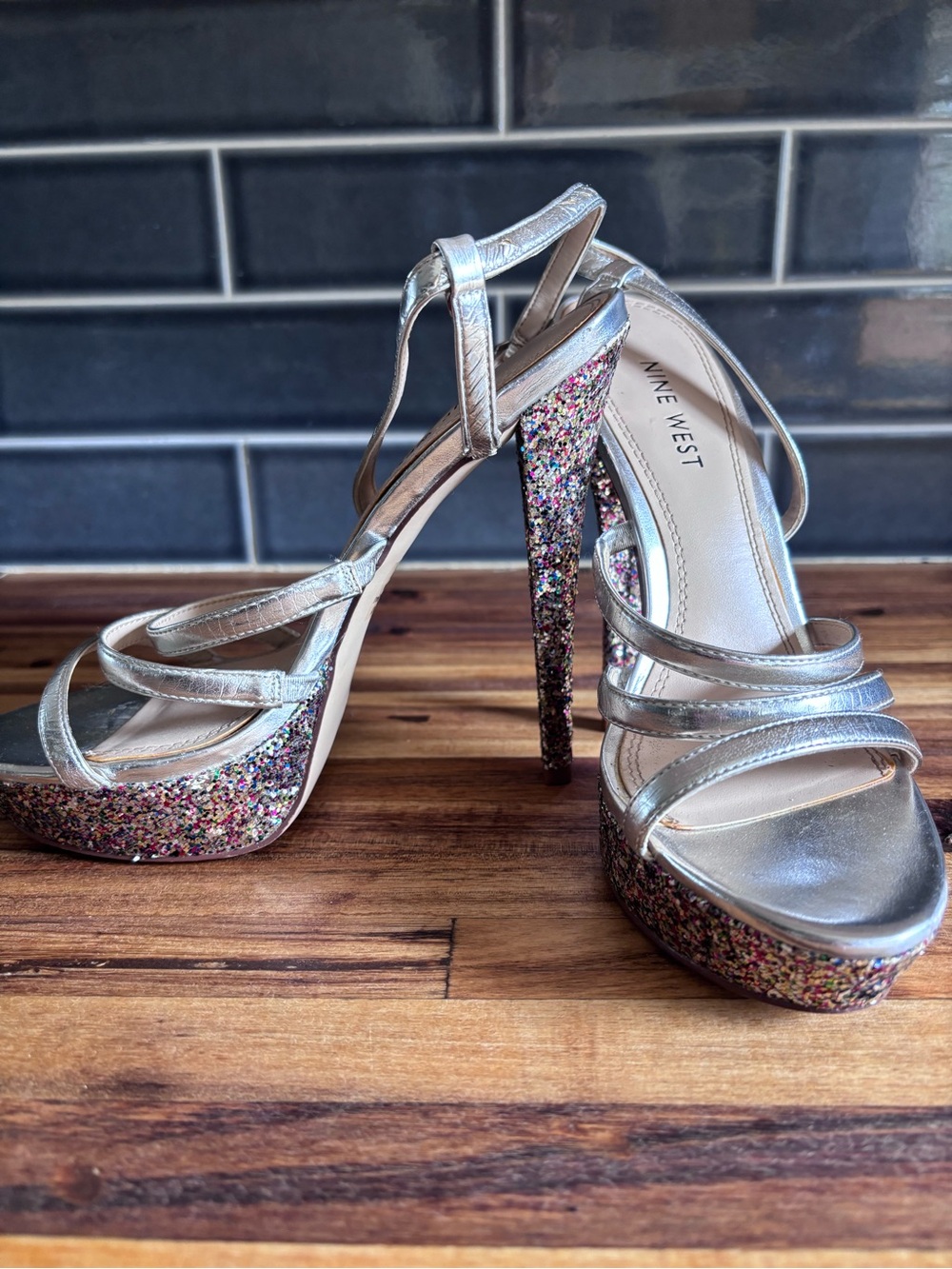 Nine West Silver Multi-Glitter Platform Strappy Sandals